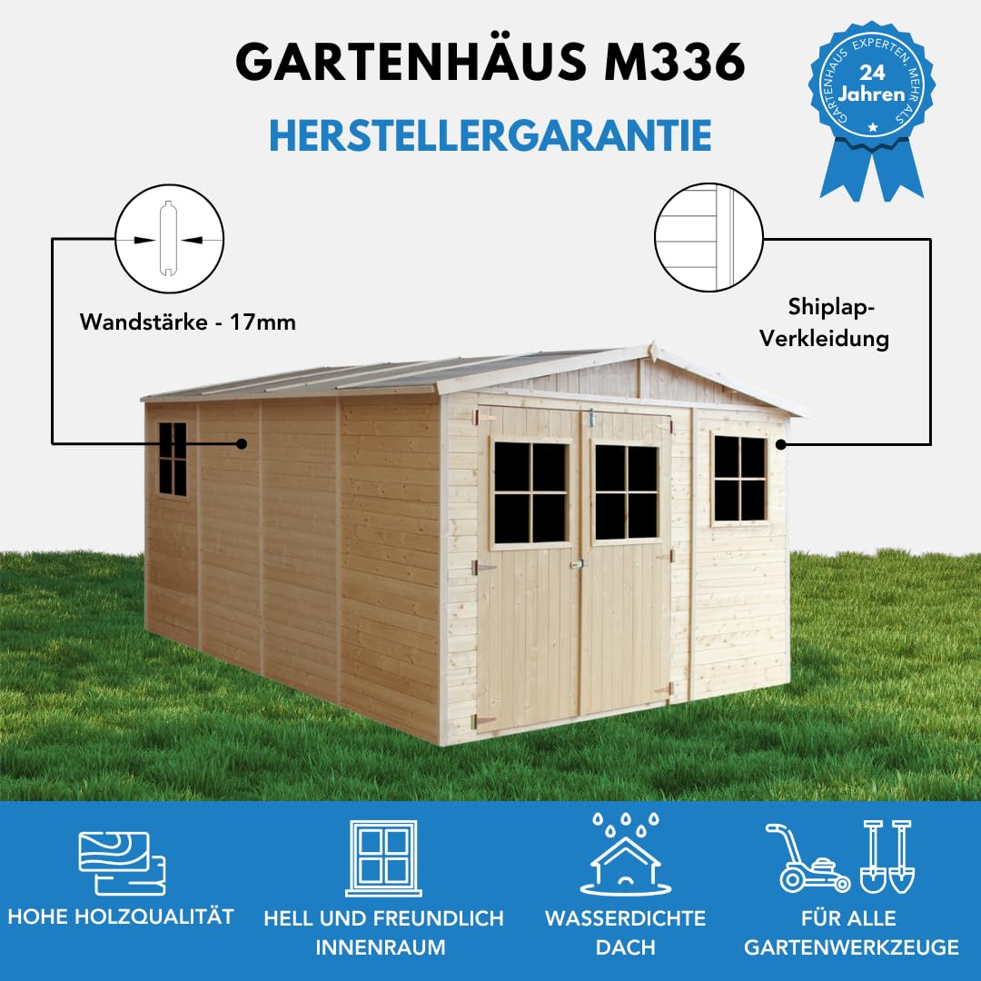 Gartenhaus Holz MIT IMPRÄGNIERTEM Boden - Geräteschuppen mit Fenstern - H226x418x320 cm/12 m² Naturholz-Shiplap-Schuppen - Gerätehaus - Fahrradschuppen - TIMBELA M336+336G