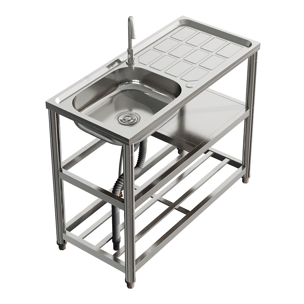 XEMQENER 3 Tier Free Standing Stainless Steel Utility Sink 98x45.5x80cm Single Bowl Kitchen Sink Wash Basin with Storage Rack Drainage Kit for Home Commercial Catering Garage Outdoor