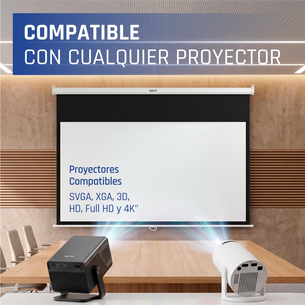 iggual Pantalla Proyección 92" Pulgadas- Enrollable Manual Panorámico- Formato 16:9- Ángulo Visión 180º- Altura Ajustable- Apto Pared/Techo- Compatible 4K y Cualquier Proyector, (203x114 cm)