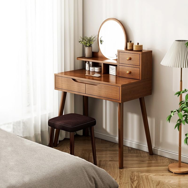 Amazon｜AMC Funiture 胡桃木色の鏡台、引き出し4つと棚2つの