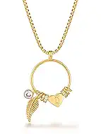 GNIRTSI Gold Initial Necklace for Women Karma Open Circle Pendant with Heart Leaf Beads CZ 14K Gold Plated Minimalist Dainty 2MM Box Chain Personalized Trendy Jewelry Gift for Her Letter S