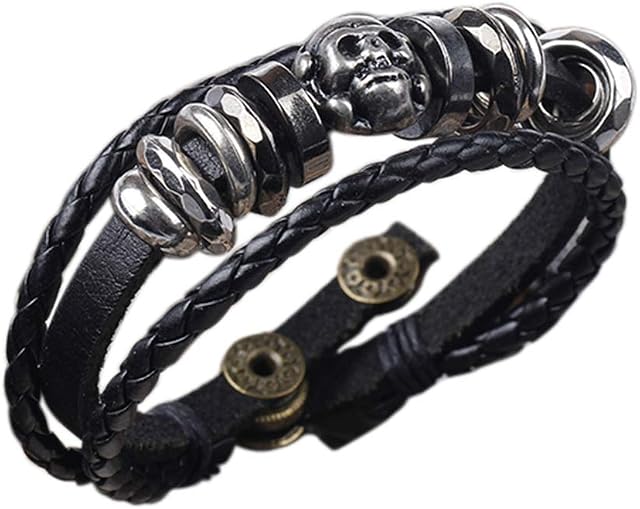 BODYA Dark Braided PU Leather Bracelet Triple Band Skull Charm Wrap Bracelet Womens Girls Mens Wristband Bracelets