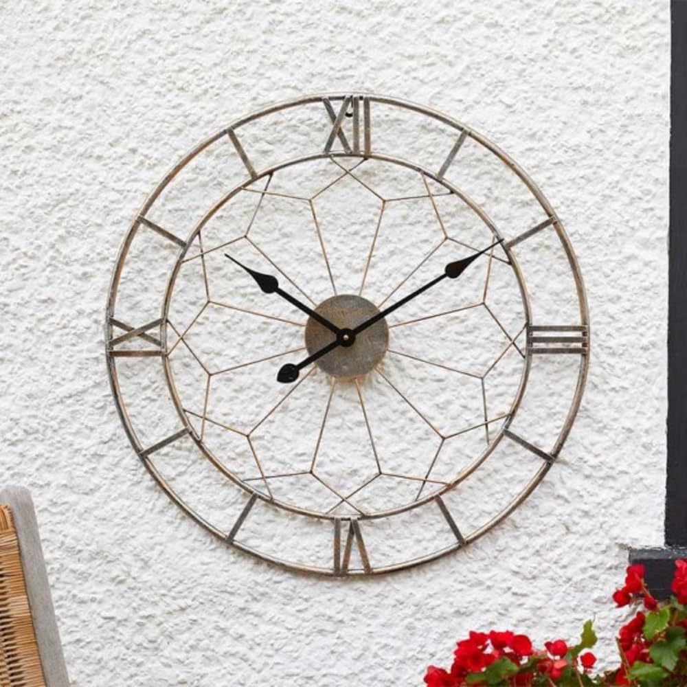 Garden Mile 60cm Roman Numerals Skelton Clock Indoor and Outdoors Large Round Wall Clock Garden Wall Features Garden Clocks Outdoor Waterproof Kitchen Clocks for Livingroom