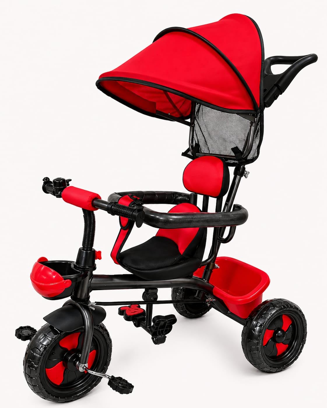 Kids Tricycle with Canopy, Red and Black, Parental Push Handle, Storage Basket, Toddler Ride-On-image-41