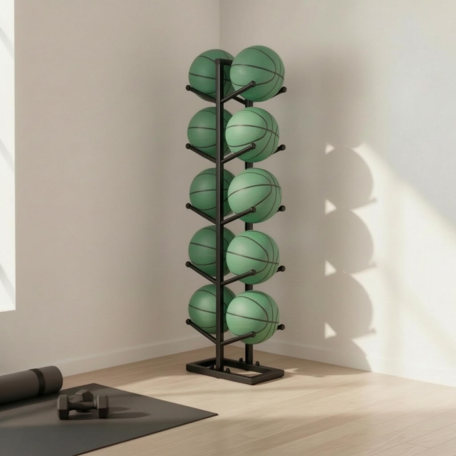 Yajuyi Estante para Balones Organizador de Pelotas Soporte Almacenamiento Exhibidor Estructura de Cinco Niveles Hierro Tubular Base Estable Ahorro de Espacio