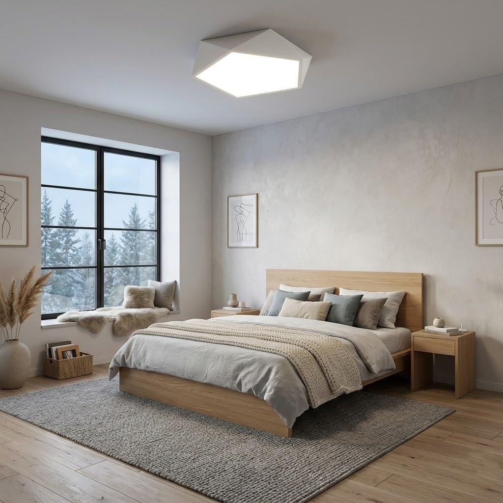 Nowoczesna Geometryczna Lampy Sufitowa LED, Plafon Wielokątny Skandynawski Kremowy Ściemnialny Oświetlenie Sufitowe Sypialnia Gabinet(White(Stepless),52cm/20.47in)