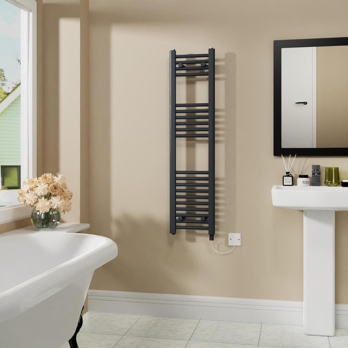 Warmehaus Anthracite 600W Electric Heated Warming Towel Rail Bathroom Radiator - 1200X300mm