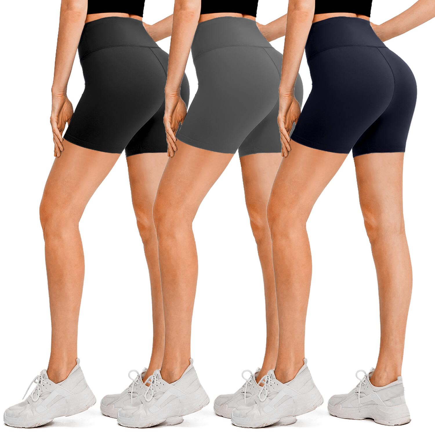 DHSO 3 Pack Biker Shorts for Women-5" High Waist Soft Summer Womens Shorts Spandex Workout Shorts for Running Athletics