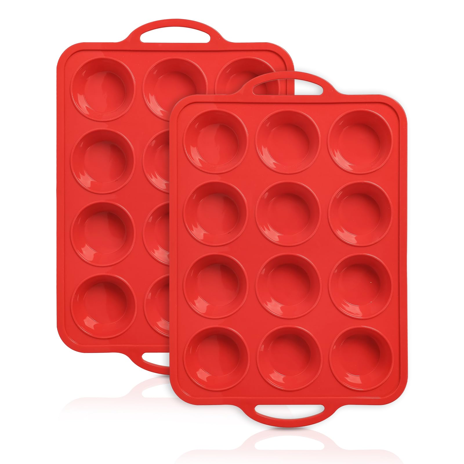 2 Pack Silicone Muffin Pan with Metal Frame, Non-stick Regular Silicone Cupcake Pan with Handles 12 Cup, Silicon Muffin Tin Tray for baking, egg bites, Cupcake Mold, BPA Free Red