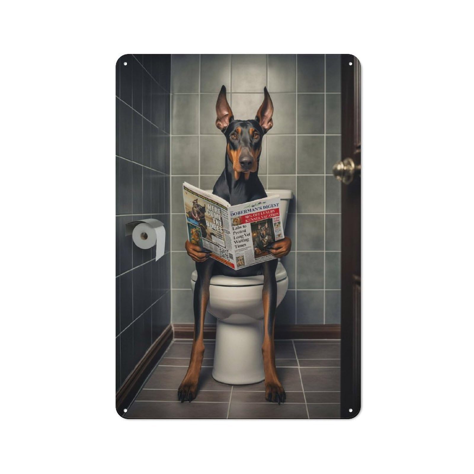 Doberman on The Toilet Vintage Metal Wall Decor 30x20cm, Garage Metal Sign for Workshop, Basement, Shed Or Games Room