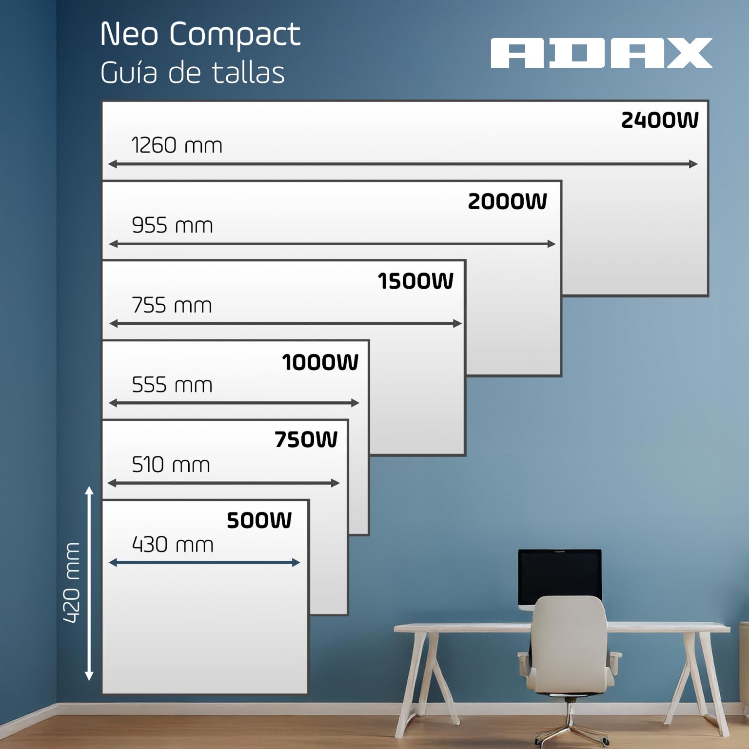 ADAX NEO Compact - Convector de pared con termostato por Wifi - 1000W | Bajo consumo | Calefacción eficiente y segura | Radiador eléctrico moderno y elegante | 420mm de altura | IP24C | Blanco