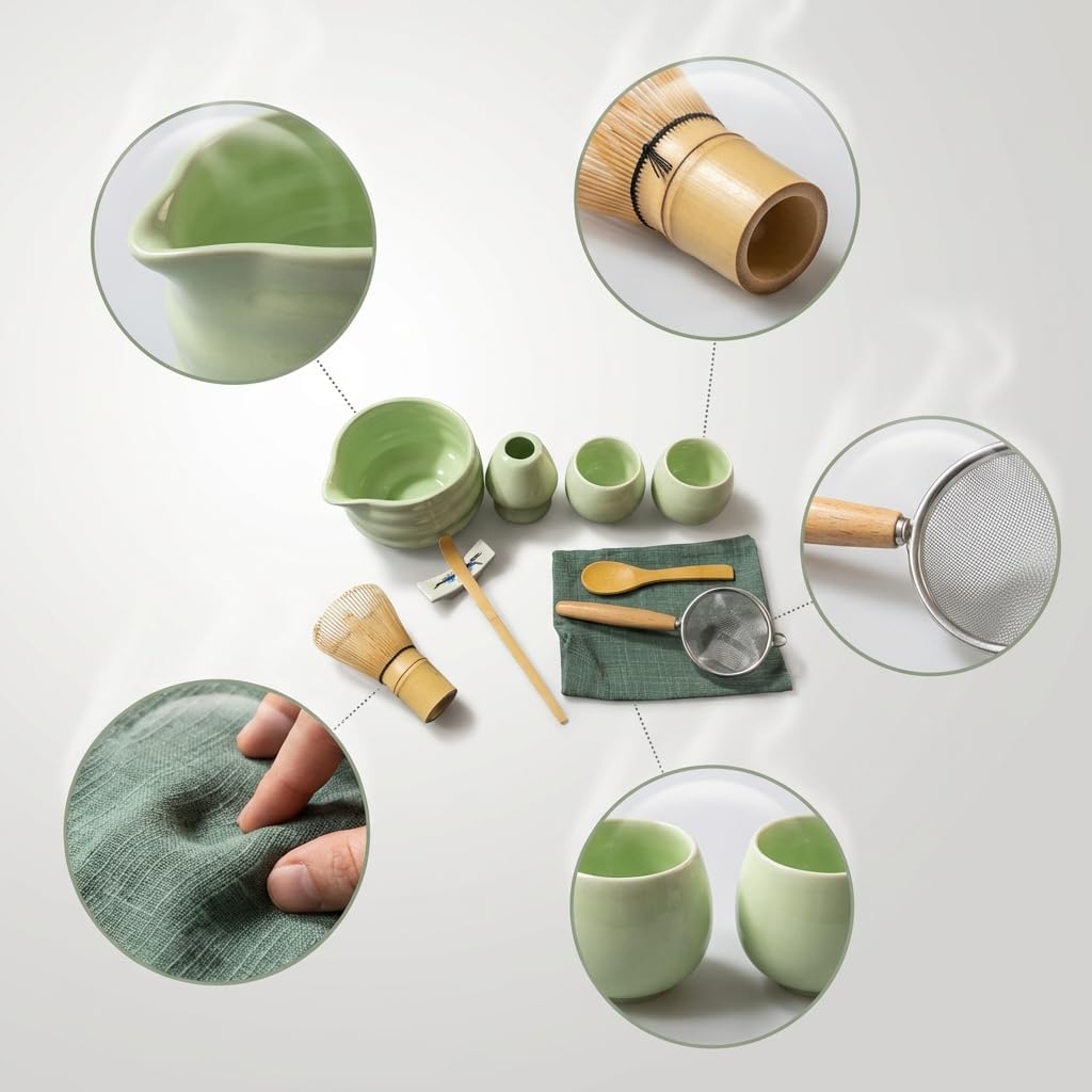 Matcha Tool Set, 10 Piece Traditional Japanese Tea Ceremony Kit with Bamboo Whisk, Ceramic Bowls, Cups, Strainer, Spoons, Holder and Cloth (light green)