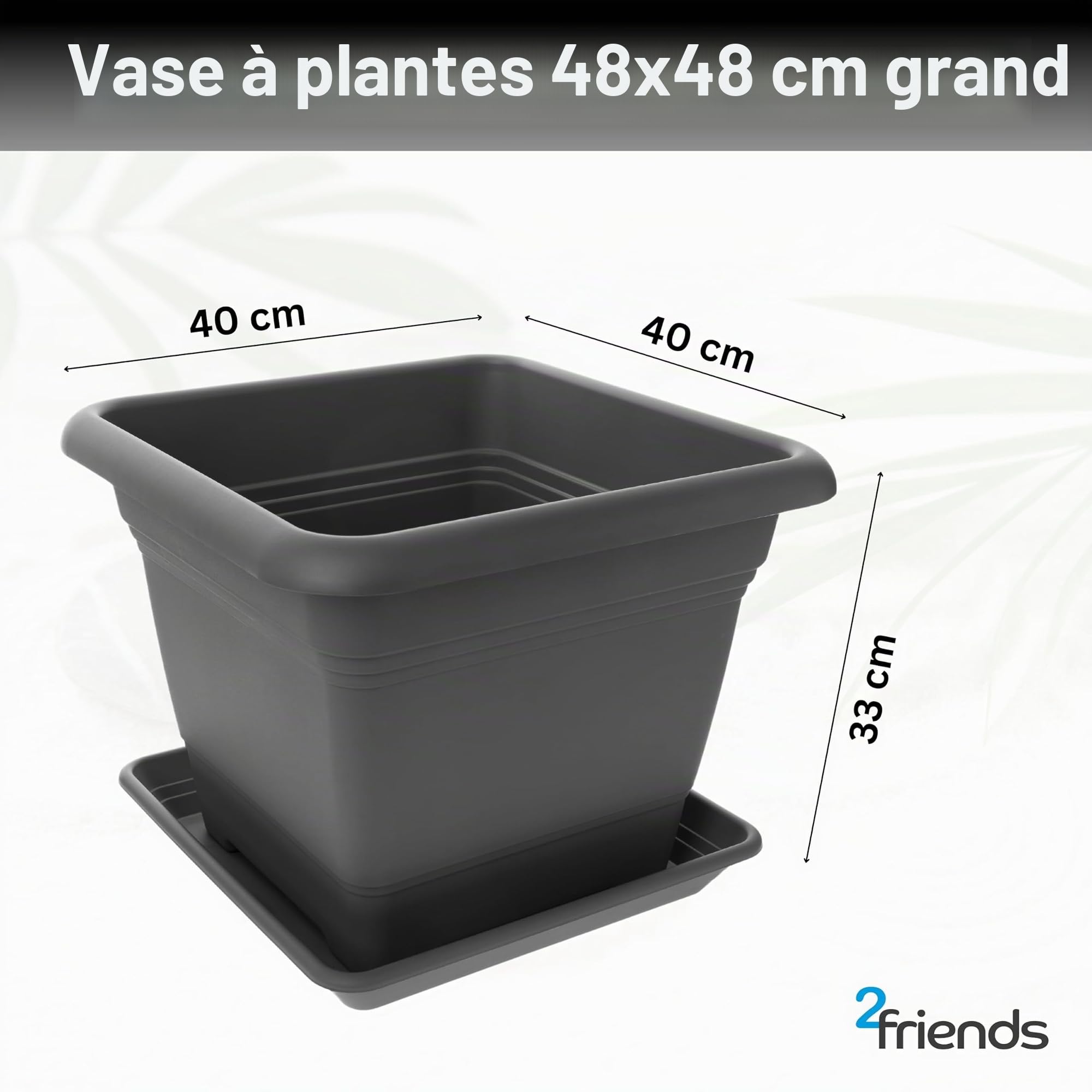 2friends Lot de 2 grands pots de fleurs, 48 x 48 cm, anthracite, taille XXL, pour l'extérieur, le jardin, la terrasse, robuste et moderne, pour l'extérieur