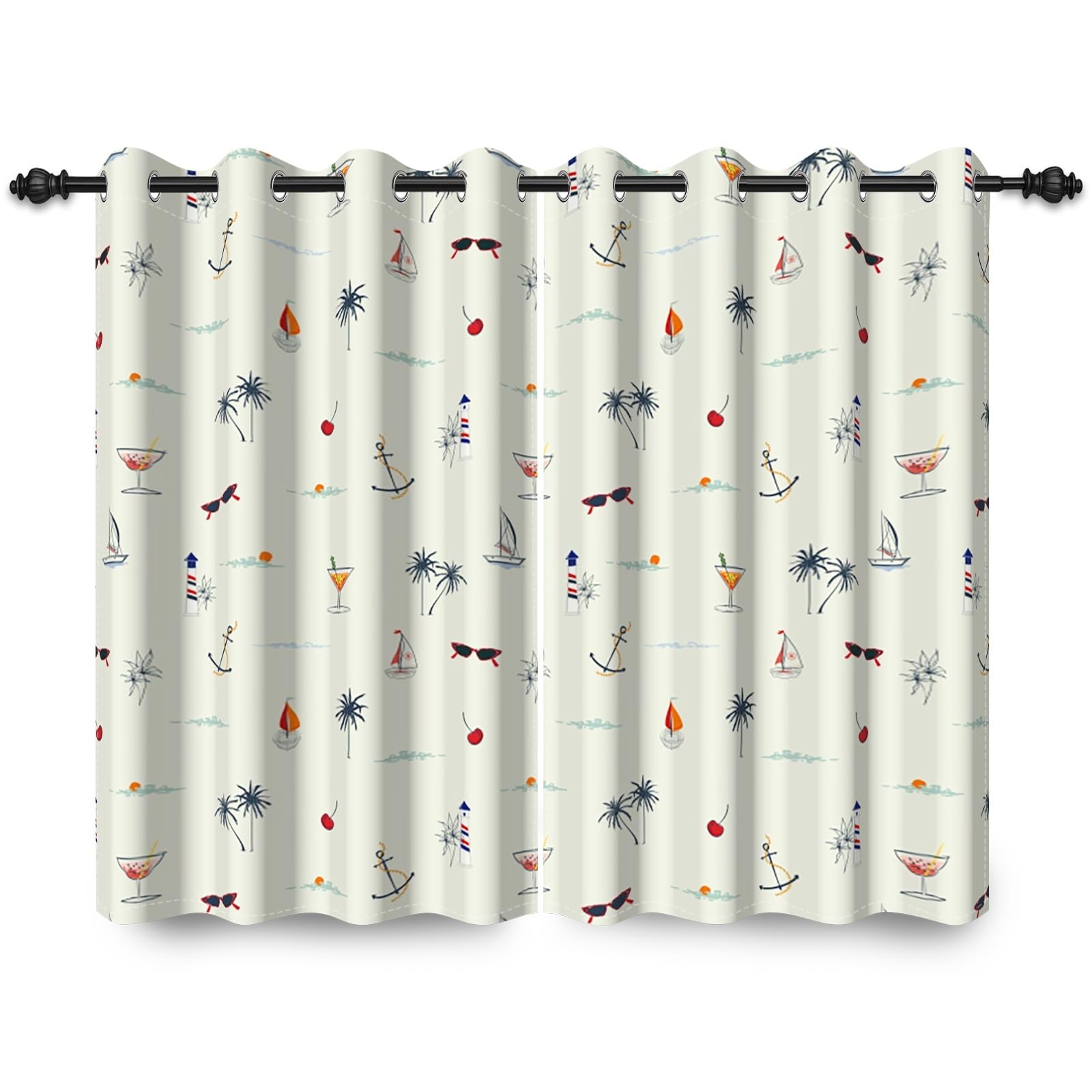 ggaimwf 42"x 63" Cartoon Eyelet Curtain Nautical Lighthouse Anchor Boats Tropical Marine Theme Summer Thermal Grommet Room Dividers Blackout Window Drapes for Baby Bedroom Living Room,2 Panels - Image 2