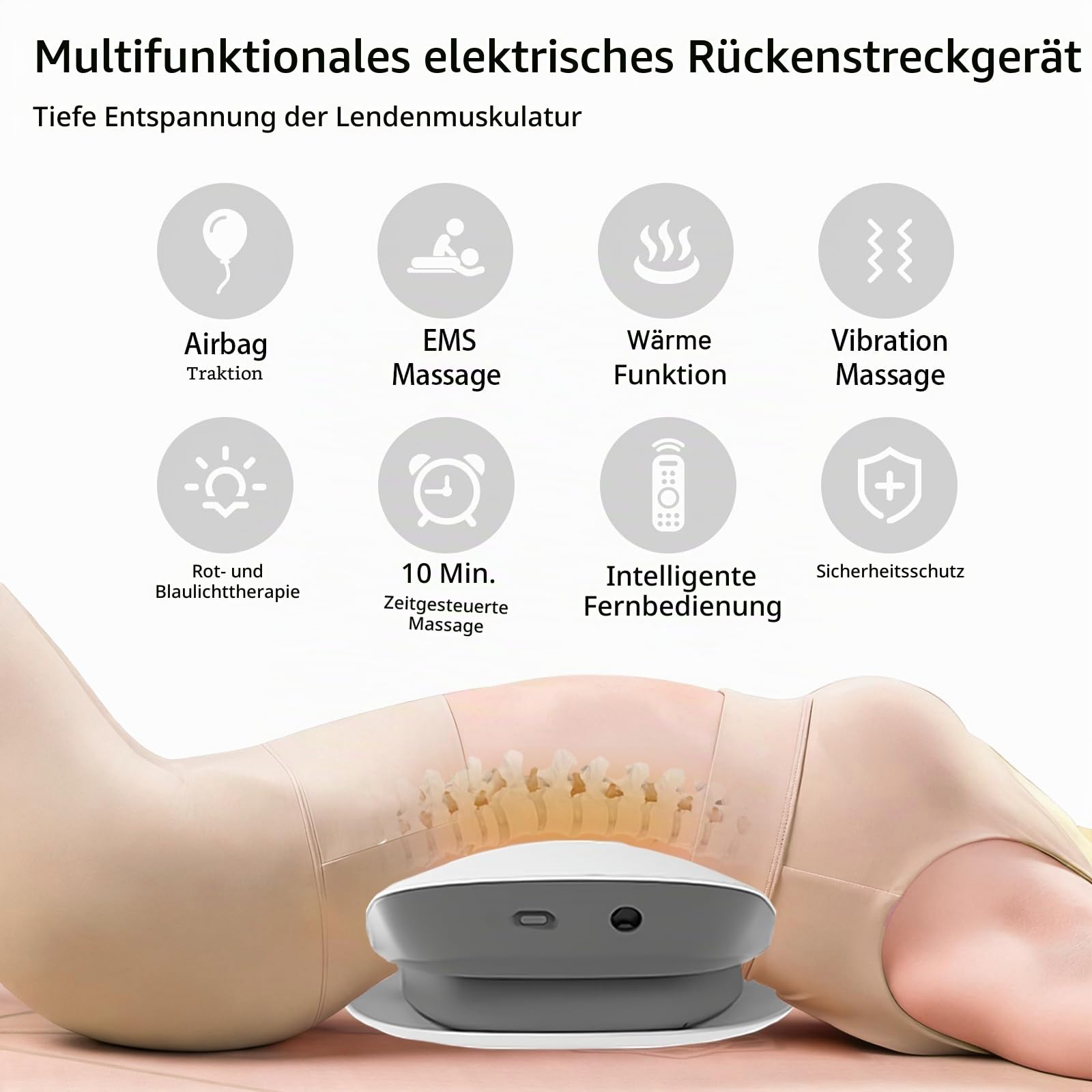 Elektrischer Rückenmassagegerät, 4 in 1 Elektrischer Rückenstrecker mit Airbag Traktion, EMS Elektrotherapie, Hotpacks und Vibration, Massagegerät Rücken Lenden für Zuhause für Rückenschmerzen