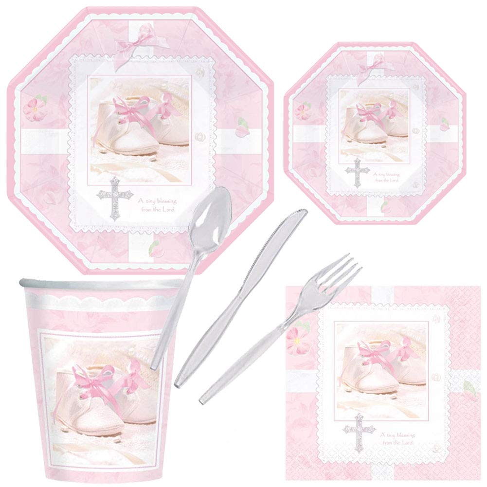 Baby Girl Shower Birth Baptism Christening Party Pack Decoration Plates Napkins Cups Cutlery Set Serves 16 – Luncheon & Dessert Paper Plates, Napkins, Cups – Disposable Party Supplies
