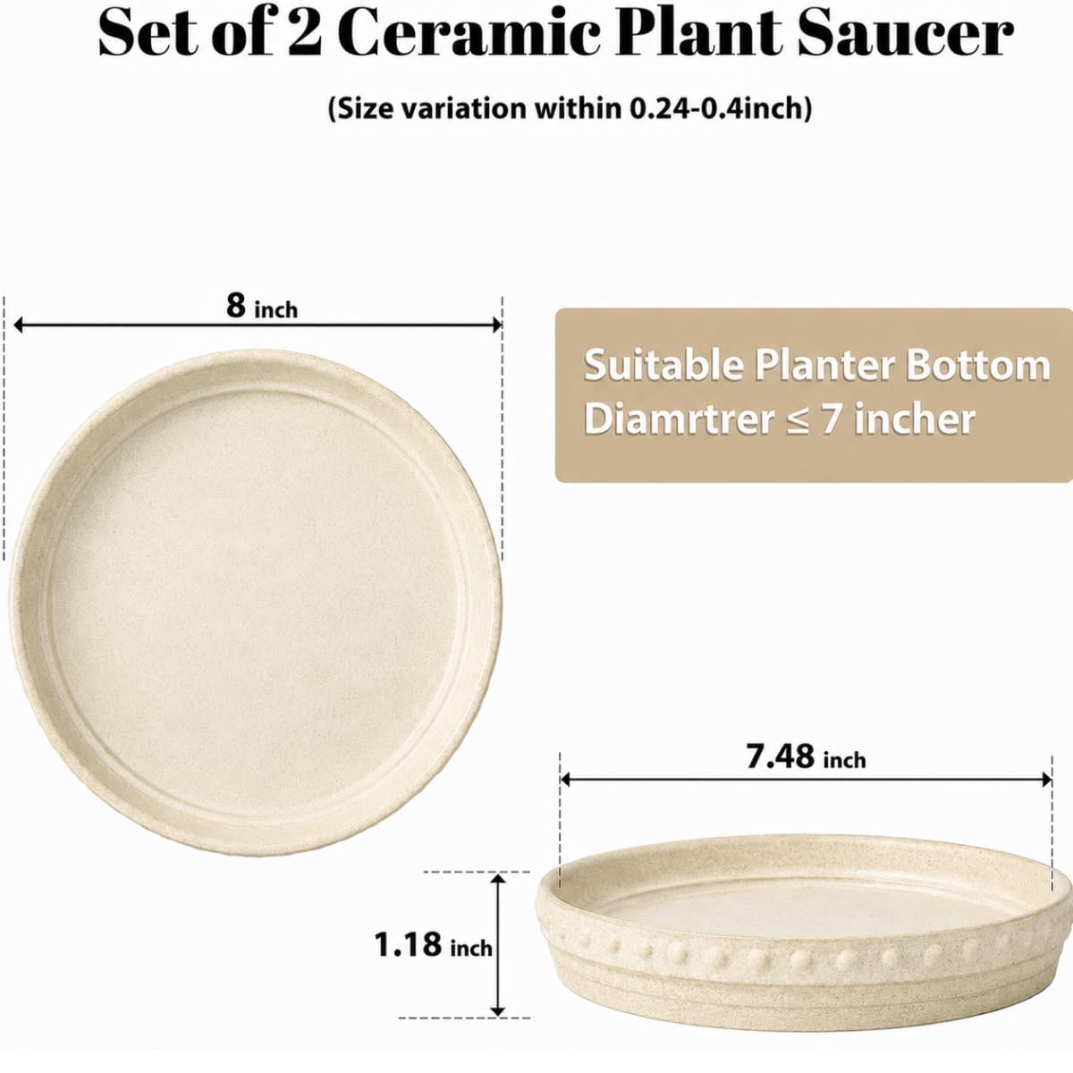 YBX 20,3 cm Pflanzen-Untersetzer, Premium-Terrakotta-Untersetzer, rund, Keramik, 2 Stück (Beigeweiß)