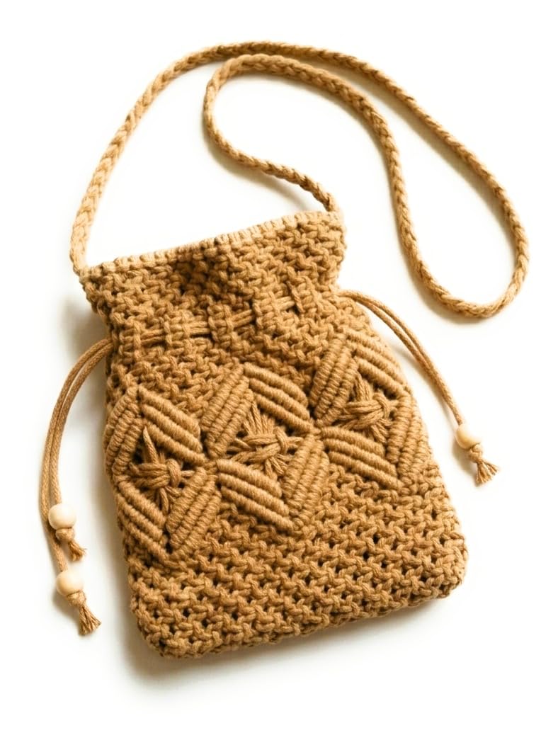 Artisan Root Macrame Crossbody Bag, Beige, Handcrafted, Boho Style, Zipper Closure, Braided Strap-image-25