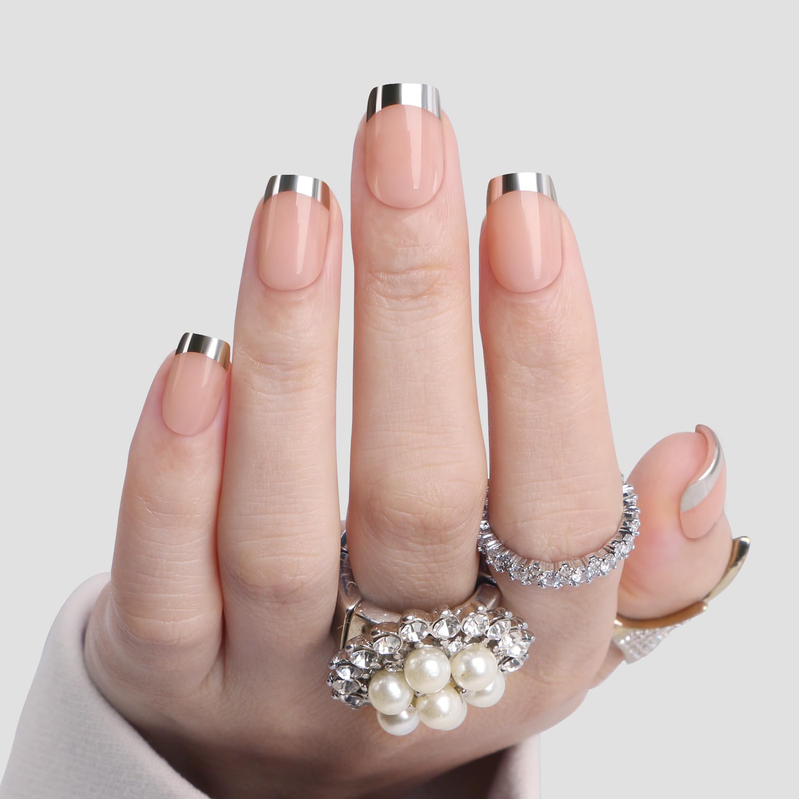 Press On Nails- Trailblazer | Short Squoval Nude Silver French Tips Press On Nails | 15 Sizes Opaque False Nails | Reusable Fake Nails with Glue On Nails Kit | Salon Quality UV Cover