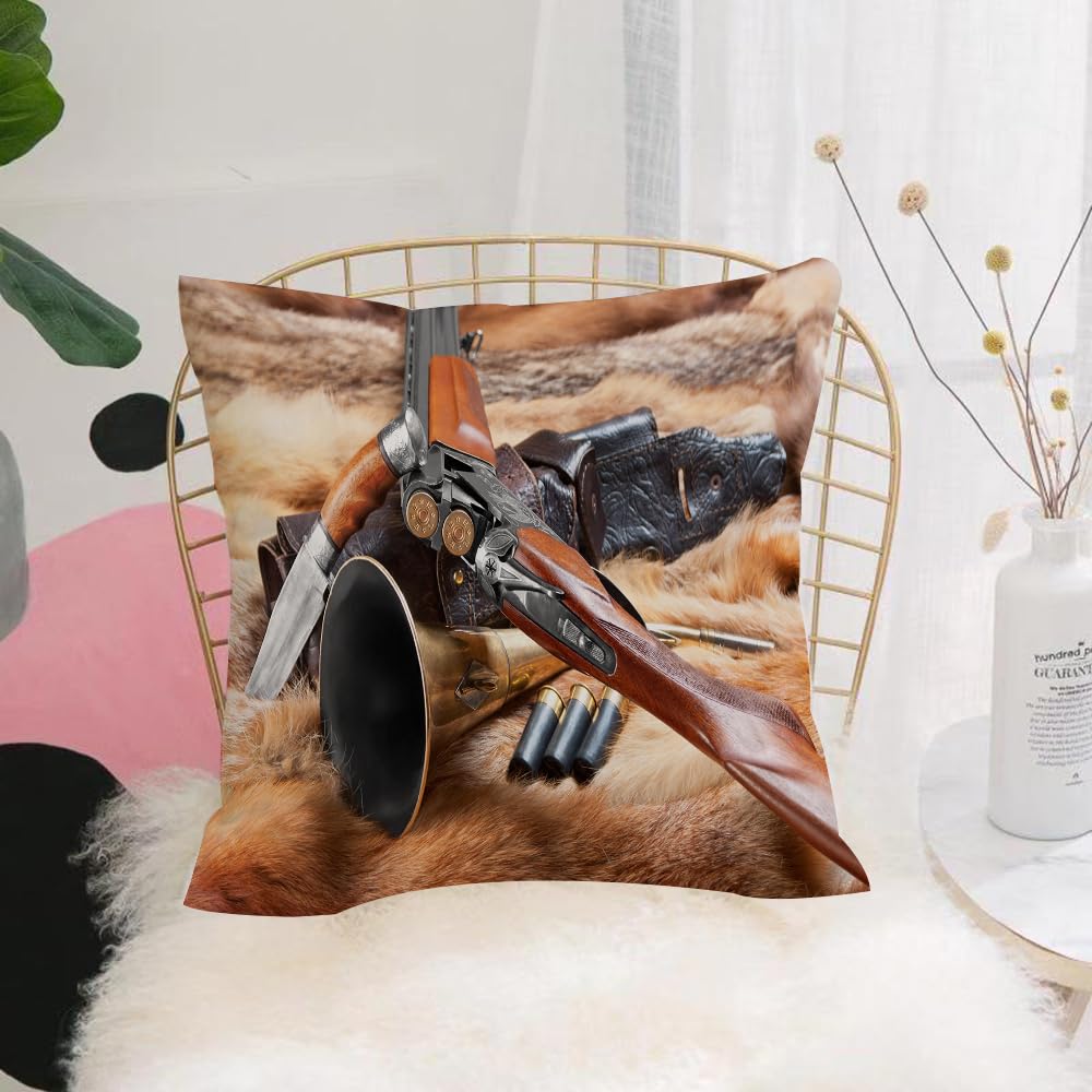 HYMSXW Cushion Cover,Throw Pillow Case Home Decorative for Living Room Bedroom Sofa Chair 20X20 Inch,Hunting Decor,Hunting Materials on Fur Rifle Ammunition Cartridge Knife Sheath,Pillowcase 50X50cm