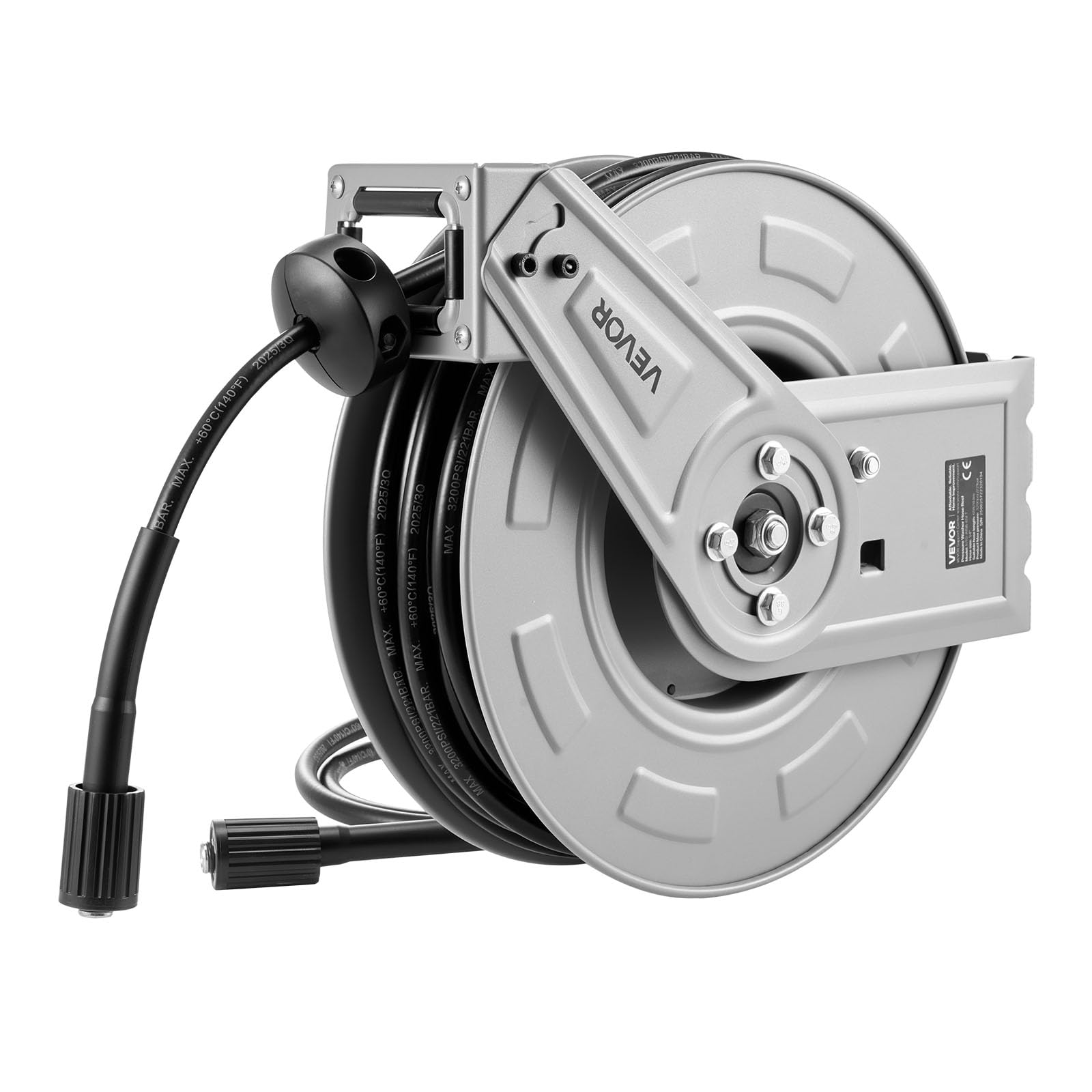 VEVOR Enrouleur de Tuyau pour Nettoyeur Haute Pression 19,8 m x 6,4 mm, Dévidoir Rétractable Acier, Montage sur Mur, Sol, Pression 220,6 bar, Enroulement Automatique pour Lavage Voiture, Sol, Jardin