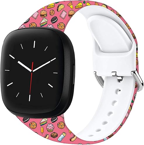 Floral Pattern Printed Cartoon Watch Bands Compatible with Fitbit Versa 4/ Versa 3/ Fitbit Sense 2/Sense Band Soft Silicone Sport Cute Strap Replacement Wristband for Men Women Teens.(Delicious Food)