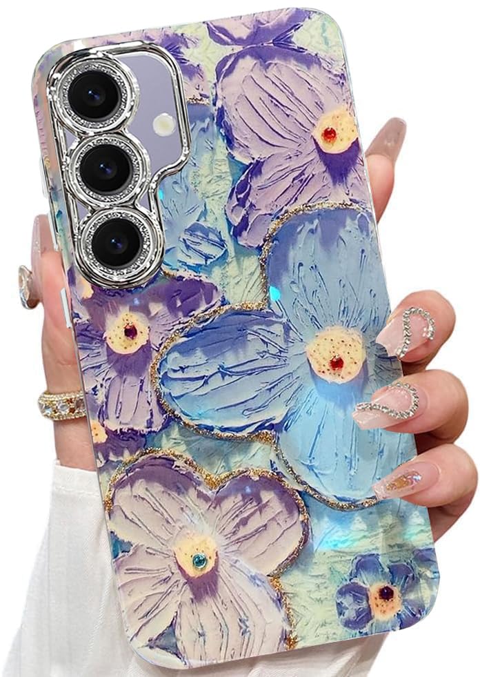Image of VONZEE Samsung Galaxy S23 5G Case, Laser Flower Oil Painting Design, Cute Colorful Blue Ray Bumper, Full Camera Protection, Shockproof PC+TPU Glossy Shiny Protective Cover for Women & Girls, Green