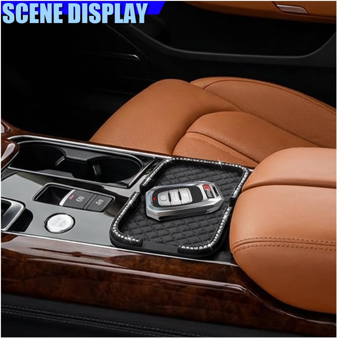 Bling Rhinestone Car Dashboard Anti-Slip Mat, Double-Groove Automotive Cell Phone Holder, Reusable Vehicle Interior Sticky Gripping Gel Pad for Keys, Coins, Cards, Sunglasses(Diamond)