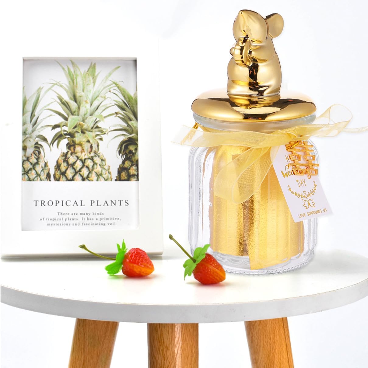 LABRIMP Glass Candy Jar with Gold Plated Sealed Lid, Ceramic Animal Cover, Glass Dessert Storage Bottle for Party Favors and Holiday Snacks