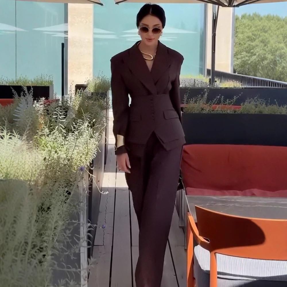 Kromoc Donna Due Pezzi Vestito Picco Risvolto Doppio Petto Bottoni Quotidiano Giacca Pantaloni Set Formale Smoking