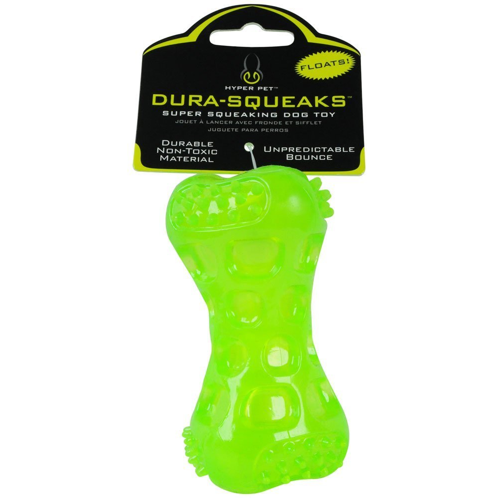 Hyper Pet Dura-Squeaks Super Squeaking Durable Floating Bouncing Dog Chew Toy Bone Green Pack of 1