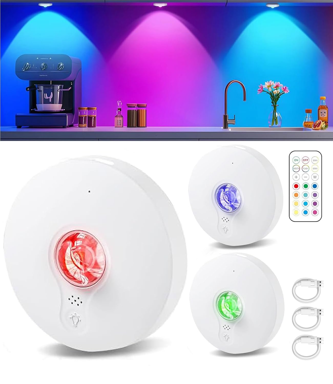 LED Under Cabinet Lights Rechargeable,Wireless RGB Puck Light with Remote,1500mAh,13 Colors & 2 Dynamic,Push Lightings with Timer,Dimmer Stick on Lights for Kitchen,Cabinet,Shelf 3 Pack White