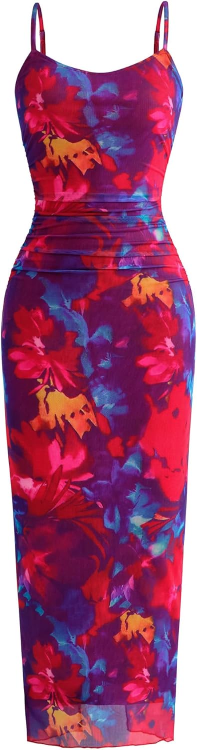 PRETTYGARDEN Summer Wedding Guest Dresses for Women 2026 Spaghetti Strap Mesh Bodycon Beach Vacation Floral Maxi Long Dresses