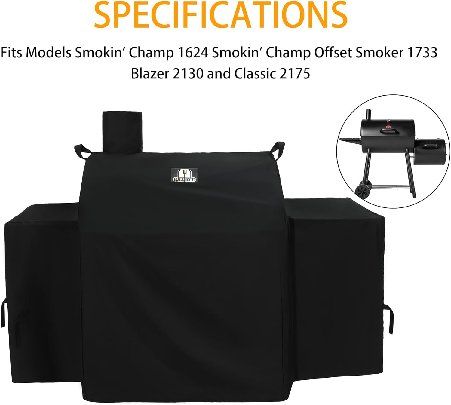 SUPJOYES Grill Cover for Char-Griller Smokin' Champ Grill, 600D Heavy Duty Waterproof Chargriller Offset Smoker Covers, Outdoor BBQ Accessories