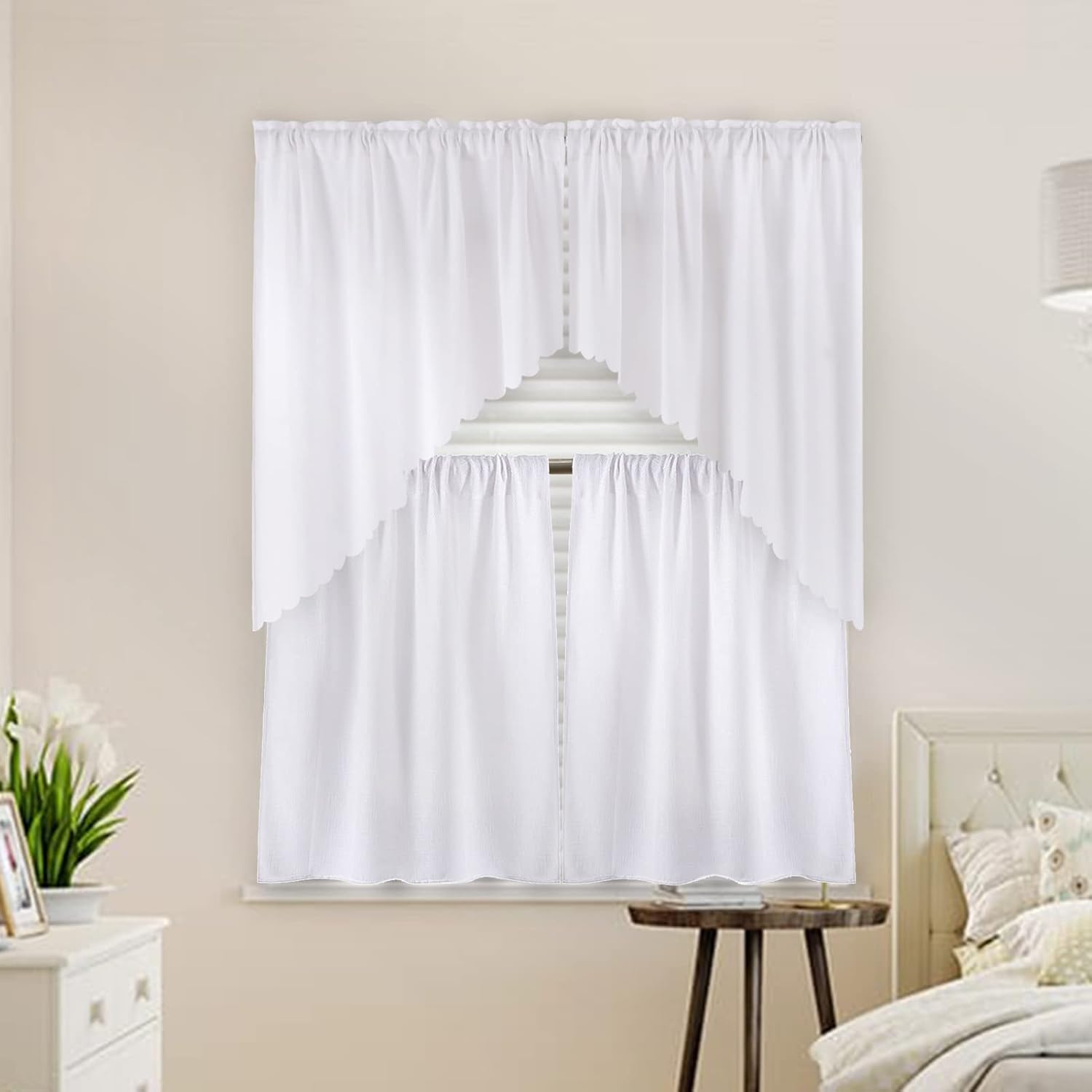 Valea Home White Burlap Look Swag Valance and Tiers Linen Textured Short Curtains for Kitchen