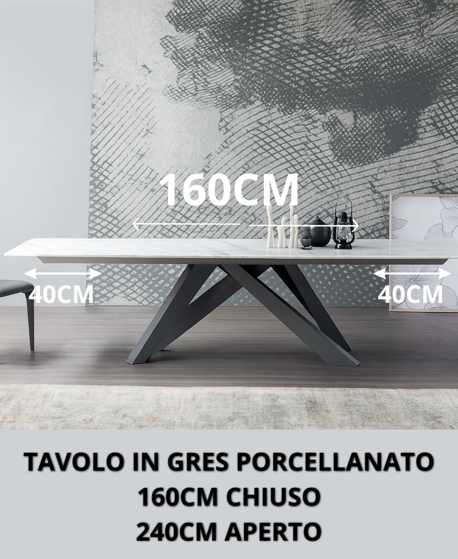 Tavolo Allungabile SAHARA NOIR 160-240 cm – Piano Ceramica Gres Porcellanato Effetto Marmo Antigraffio – Gambe Incrociate Ferro Verniciato – 2 Prolunghe Integrate 40 cm – 6-10 Posti (Alpine white)