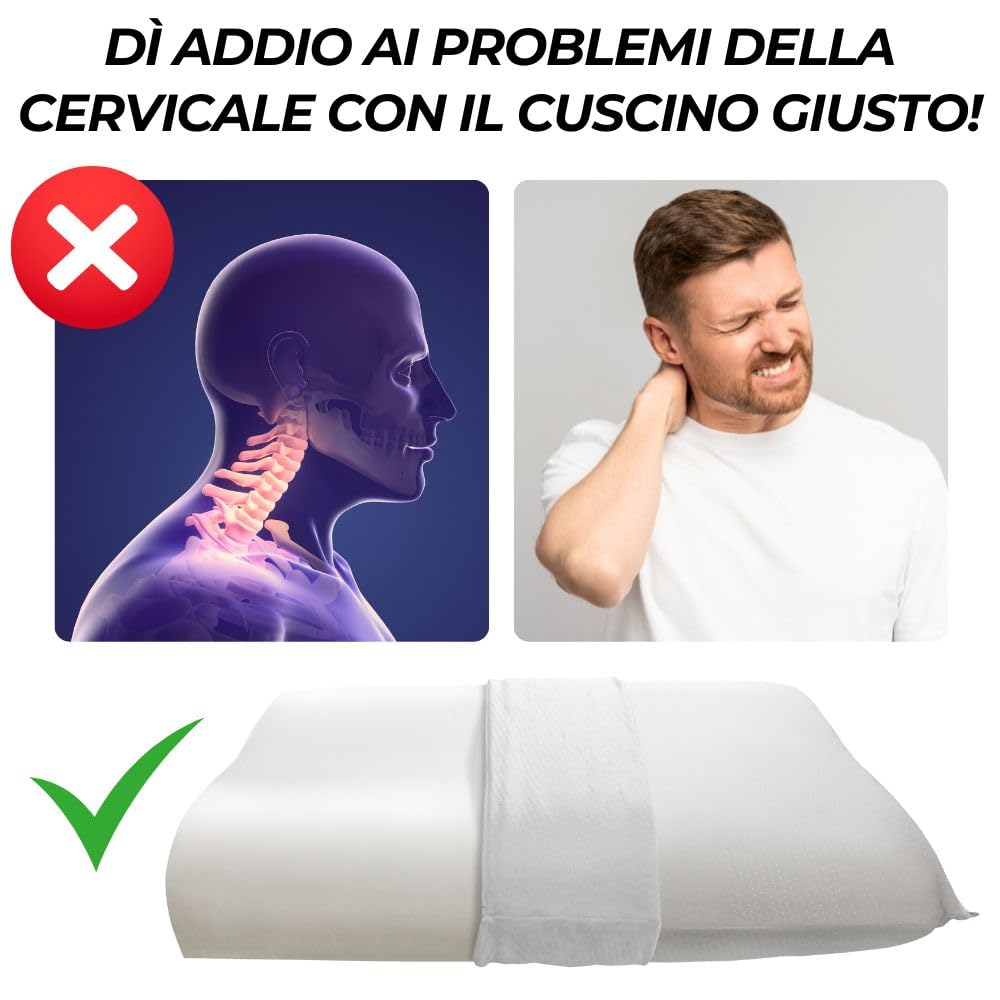 Cuscino Memory Foam Cervicale ZenCasa 70x40x12 Cm - Ergonomico, Sfoderabile E Lavabile, Anallergico E Anti Acaro, Made In Italy