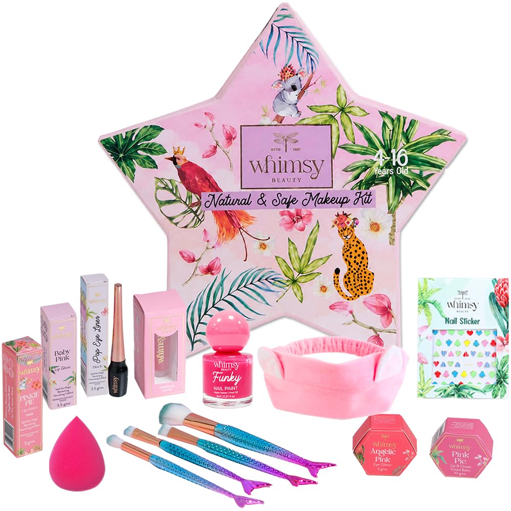 Whimsy 14-Piece Organic Makeup Kit for Girls & Teens | Real & Non-Toxic Beauty Set | Safe Toy Makeup with Lip Balm, Eye Glitter, Eyeliner, Lip Gloss & Mermaid Accessories | Birthday Gift for Kids 4-16 years