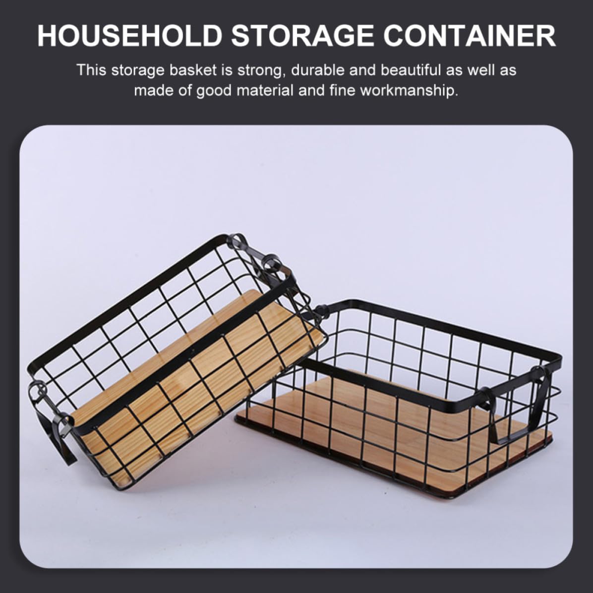 BESTOYARD Cesta Rectangular de Almacenamiento de Hierro y Madera para Frutas y Snacks Diseño Simple y Asas Negras para Cocina