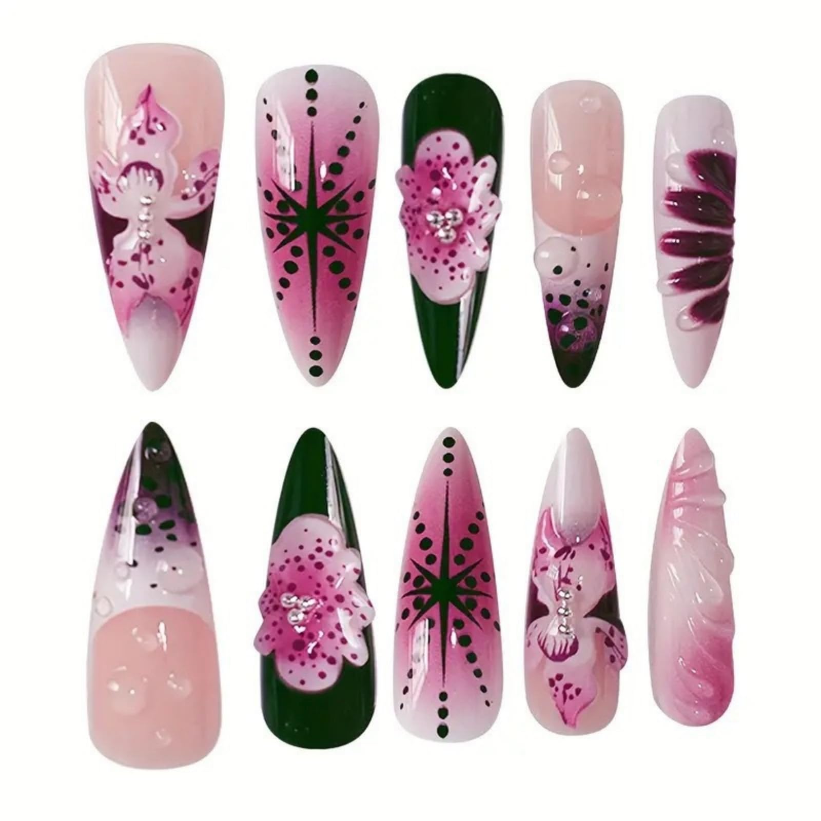 Long Press on Nails Stiletto Fake Nails French False Nails Brown Artificial Nails with Pink Flowers Designs Leopard Handmade Nails 3D Floral Stick on Nails for Women 24pcs: B01-18