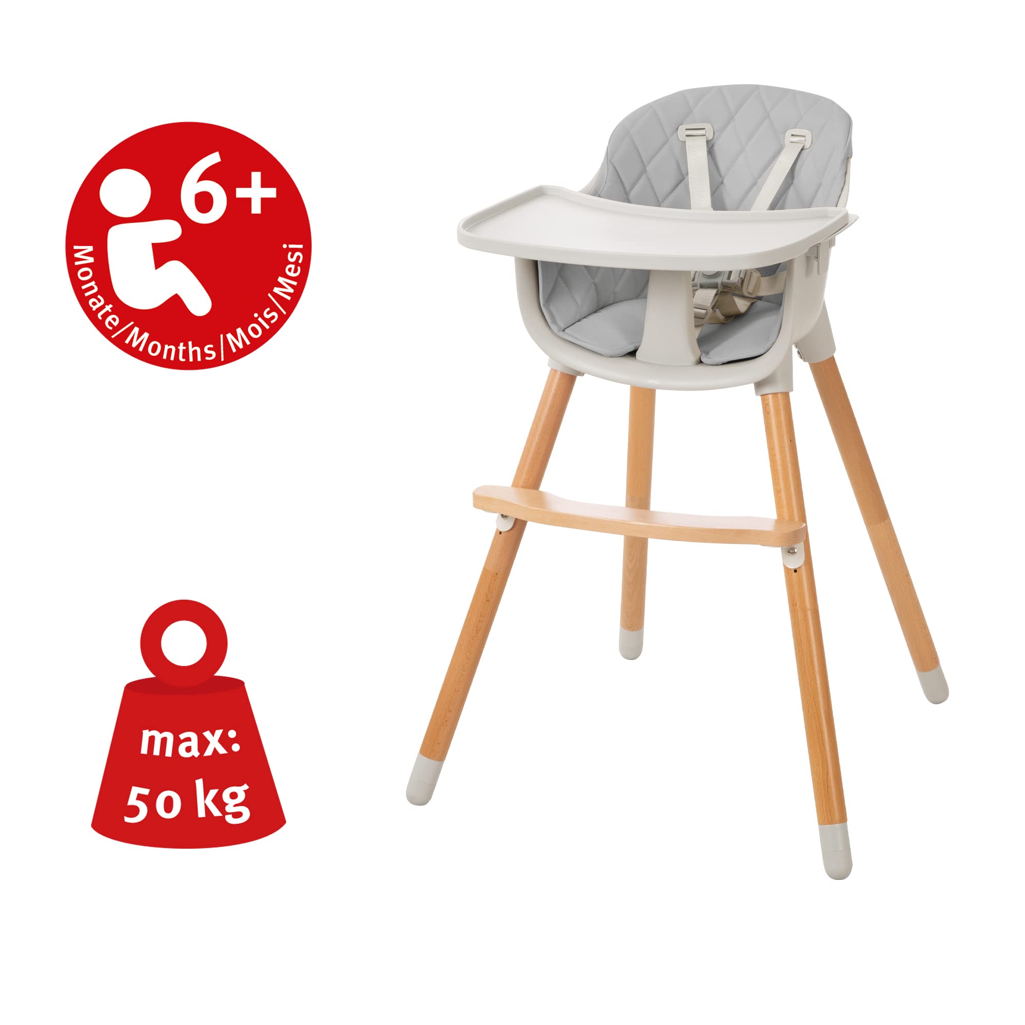 roba Chaise Haute Évolutive 2 en 1 Style Up Wood pour Bébé et Enfant - 50 KG - avec Ceinture de Sécurité et Plateau Repas Amovible - Réglable - Assise Rembourrée - Gris