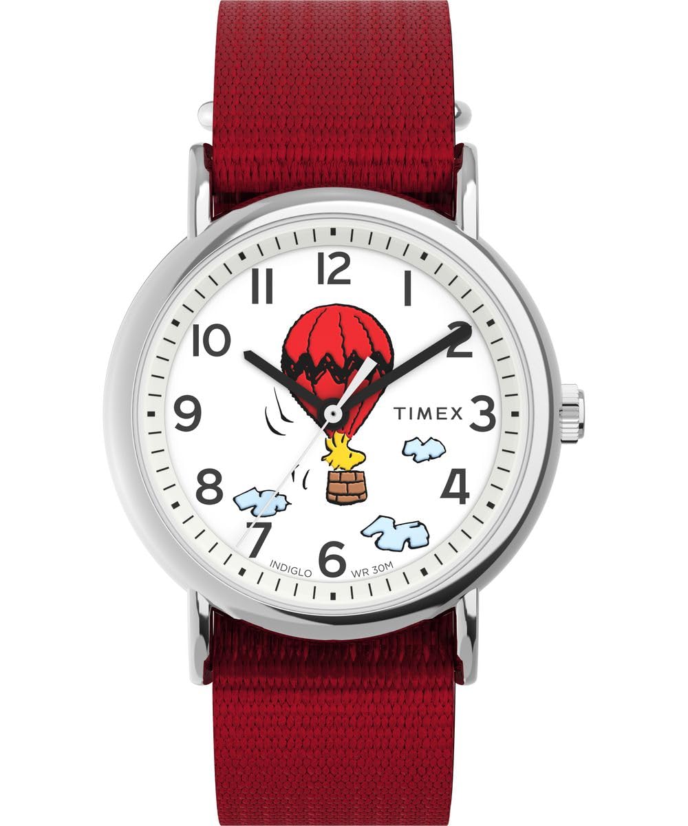Timex Women's Peanuts x Weekender Balloon 38 mm Watch - Red Fabric Strap with White Dial and Silver-Tone Case TW2Y11700
