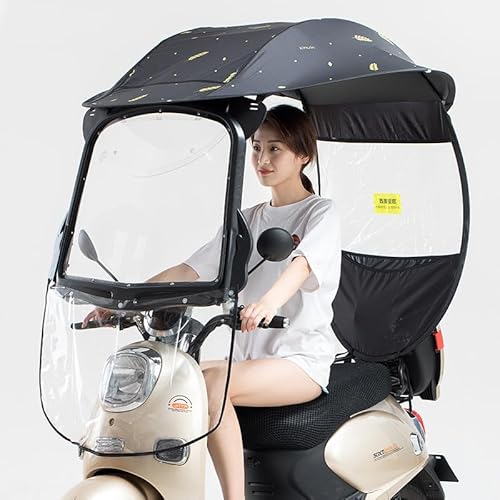 オートバイキャノピーバイク屋根モーター自転車のサンバイザーシェードテント傘風防電気自動車 バイク レインカバー 雨除け 日よけ 紫外線防止 高さ調整可能 サイドパネル付き 透明 寒さ対策 風防 雨が染み込む対策 ウインドスクリーン スクーター (黒小麦の穂)