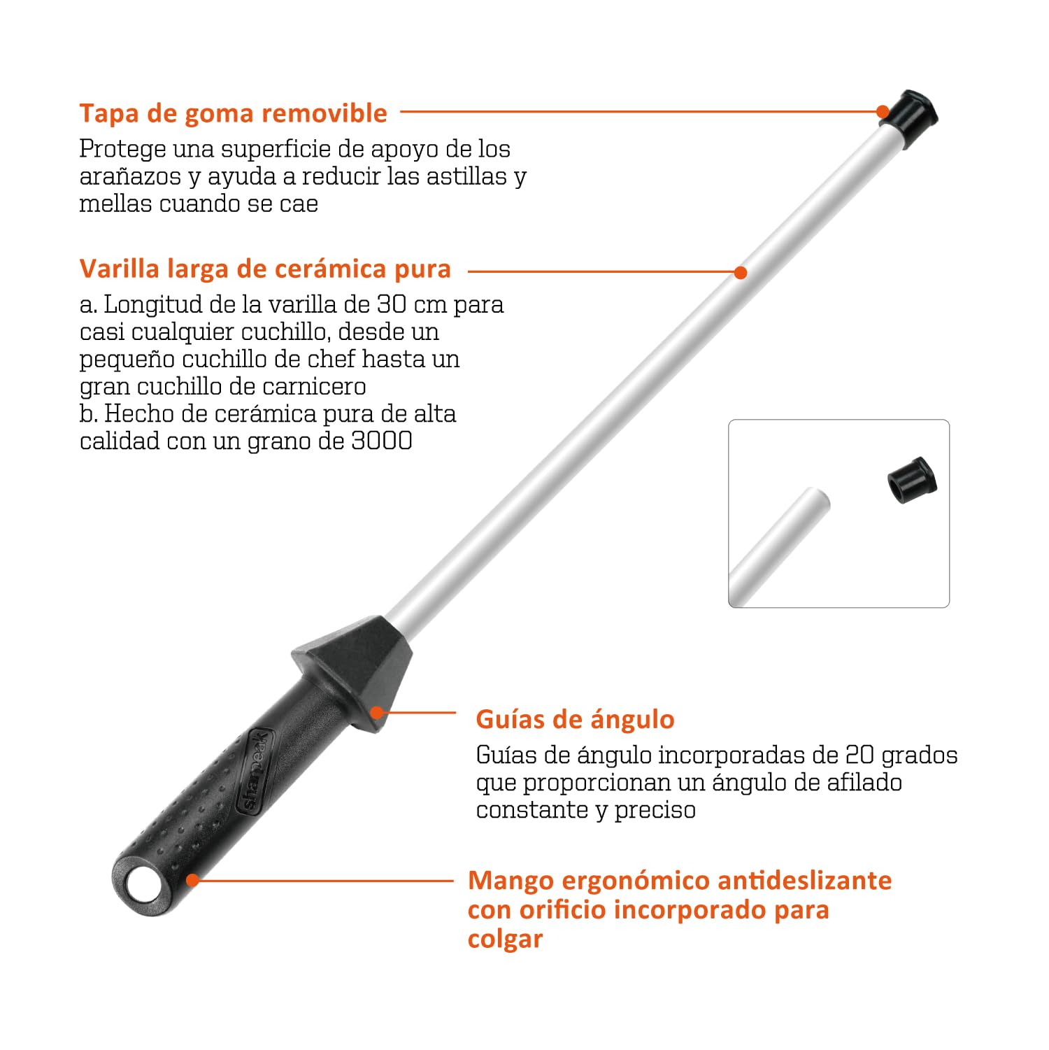 Total 45 cm/Longitud de la barra 30 cm Chaira de cerámica con guías angulares integradas y tapa anti-rotura, afilador de cuchillos de cerámica, varilla de afilado de cerámica