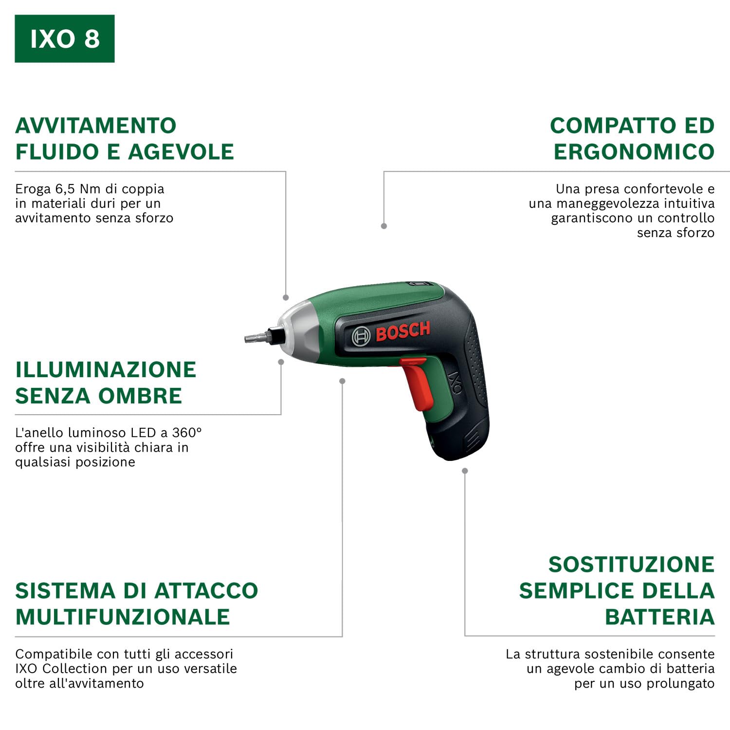 Bosch IXO8 Cacciavite a batteria (incl. adattatore angolare, set di 10 bit e batteria, in scatola di cartone)
