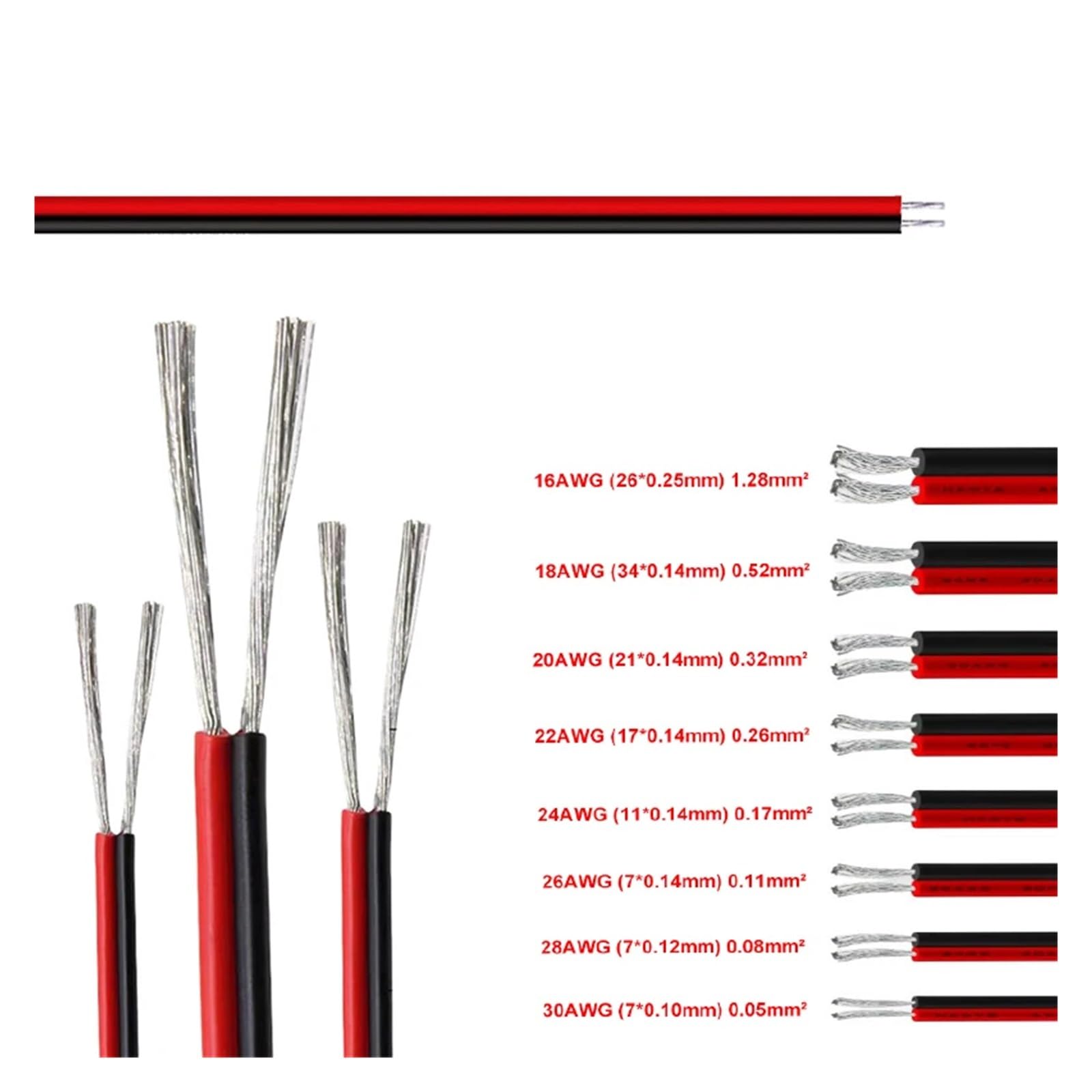Xuro Cable de extensión de 2 pines rojo y negro de PVC o silicona, calibre 28 AWG, 26 AWG, 24 AWG, 22 AWG, 20 AWG, 18 AWG, 16 AWG, cobre estañado for uso doméstico.(2Pin silicone,10M-32.8FT_16 AWG)