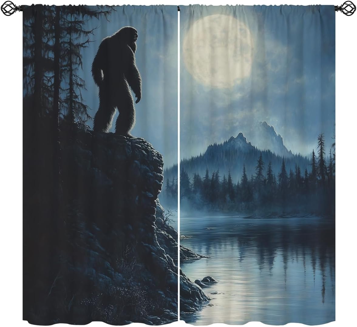 Bigfoot Blackout Curtains for Girls Boy Home Decor, Cool Mystery Sasquatch Moon Forest Rod Pocket Thermal Insulated Drapes Darkening Window Curtain for Bedroom Living Room, 42 x 45 Inch