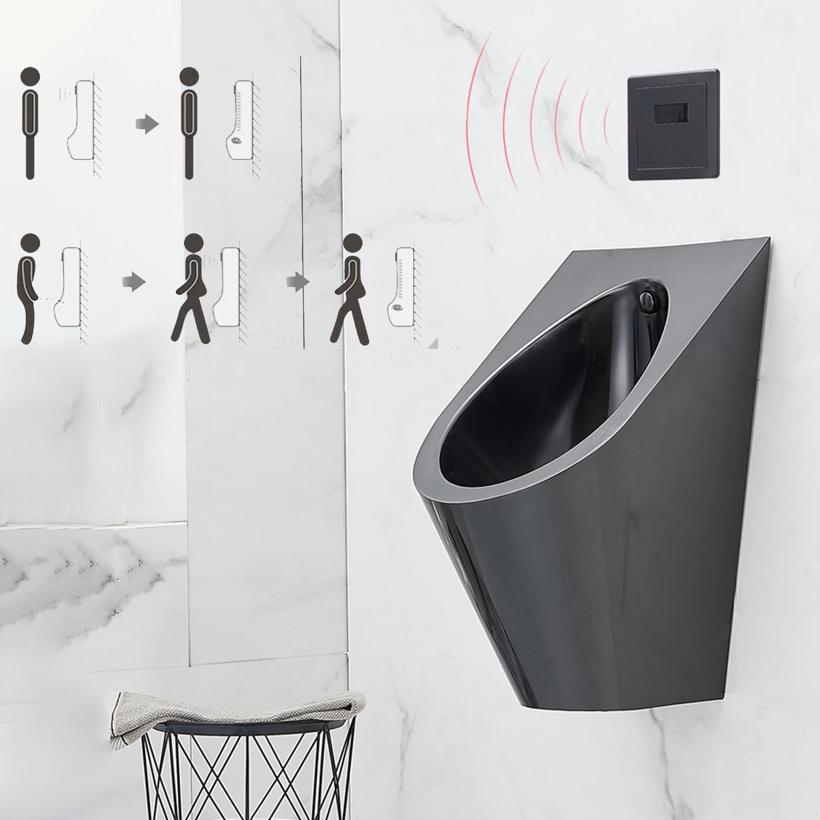 OTQEFTN Wall Mounted Sensor Urinal, 304 Stainless Steel Urinal with Automatic Flush System, Urinals for Men Spill Proof, for Public Places