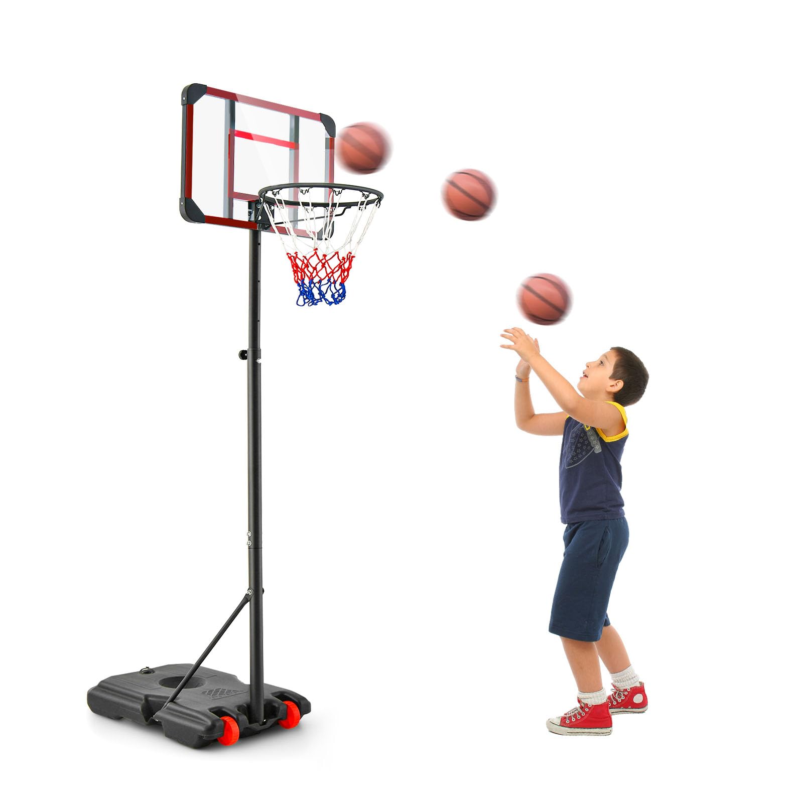 GYMAX Panier Basket Extérieur pour Enfant, Hauteur Réglable 155-210 CM, Base Stable Remplissable, Déplacement Facile avec Roues Lisses