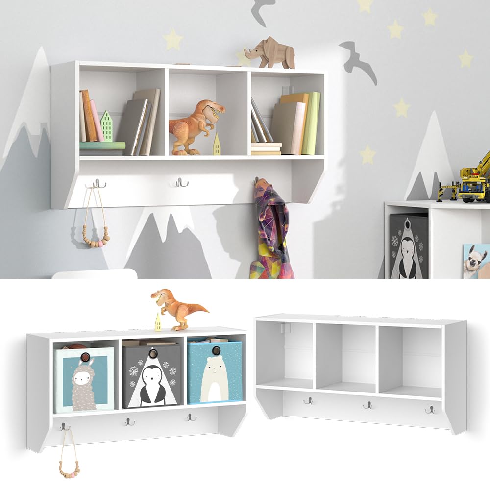 Vicco Estante de Pared para habitación Infantil Luigi, Blanco, 107.2 x 56 cm, para Montaje en Pared con estantes Abiertos y Ganchos